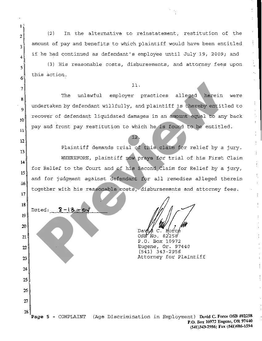 Get A01 Complaint for Age Discrimination in Employment and Wrongful Termination Preview A01 Complaint for Age Discrimination in Employment and Wrongful Termination