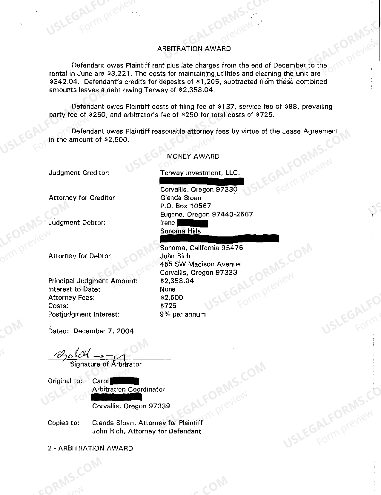 Oregon Arbitration Award US Legal Forms