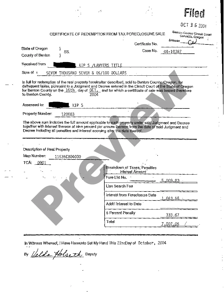 Preview A01 Certificate of Redemption from Tax Foreclosure Sale