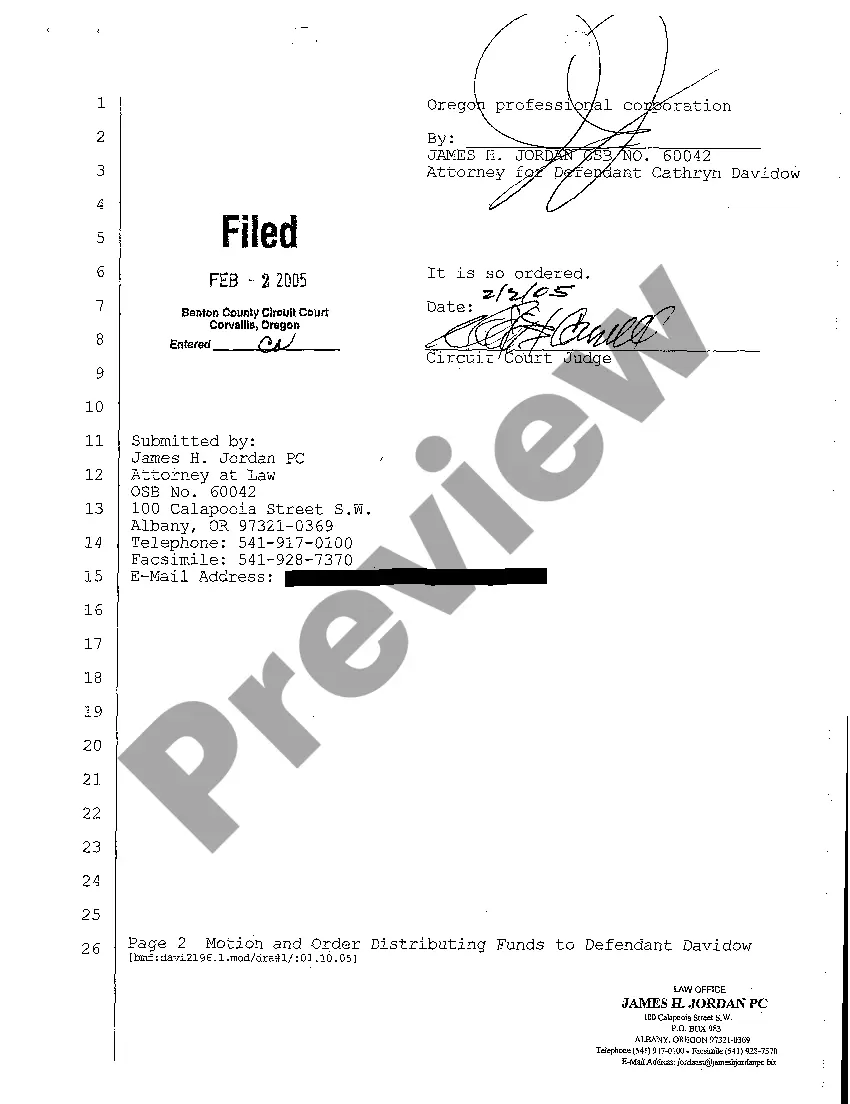Preview A20 Motion and Order Distributing Funds to One of the Defendants