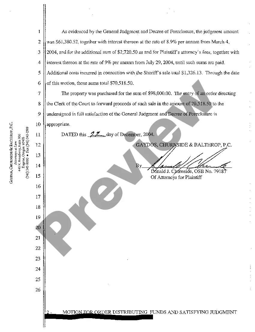 Preview A14 Motion for Order Distributing Funds and Satisfying Judgment