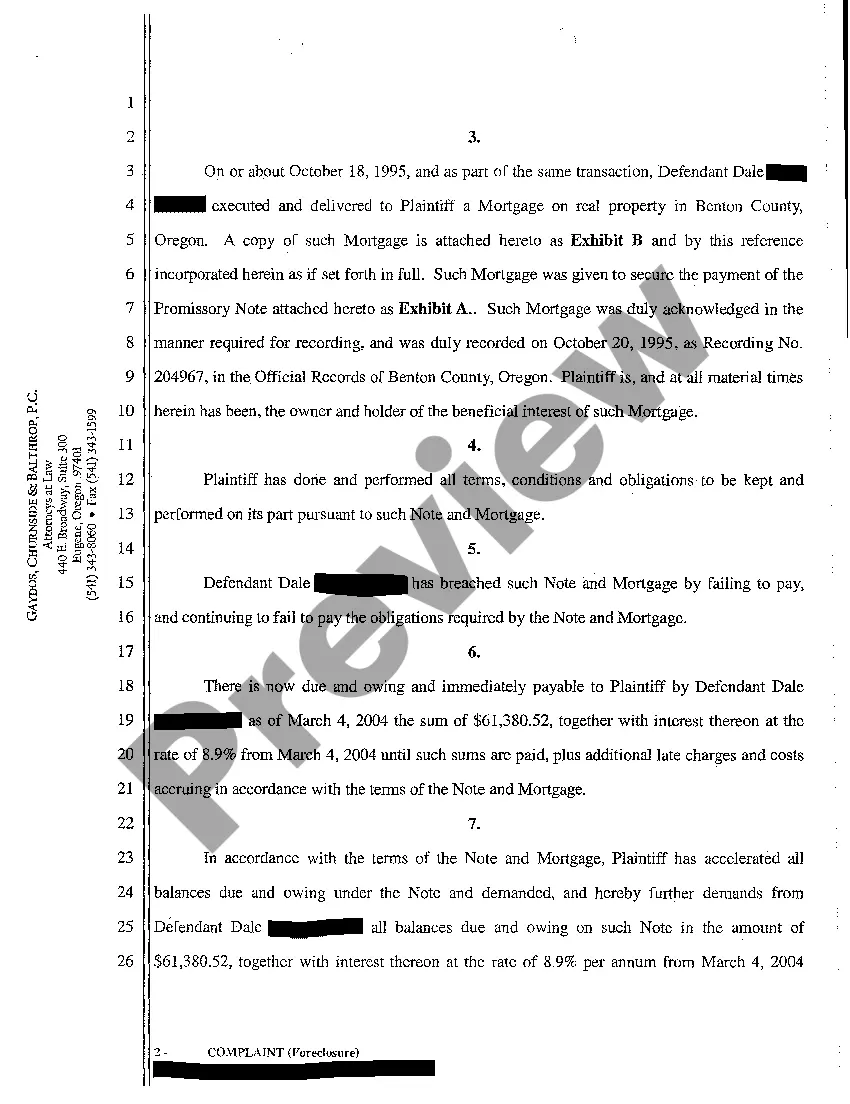 Preview A01 Complaint for Foreclosure Due to Breach of Promissory Note and Mortgage Agreement