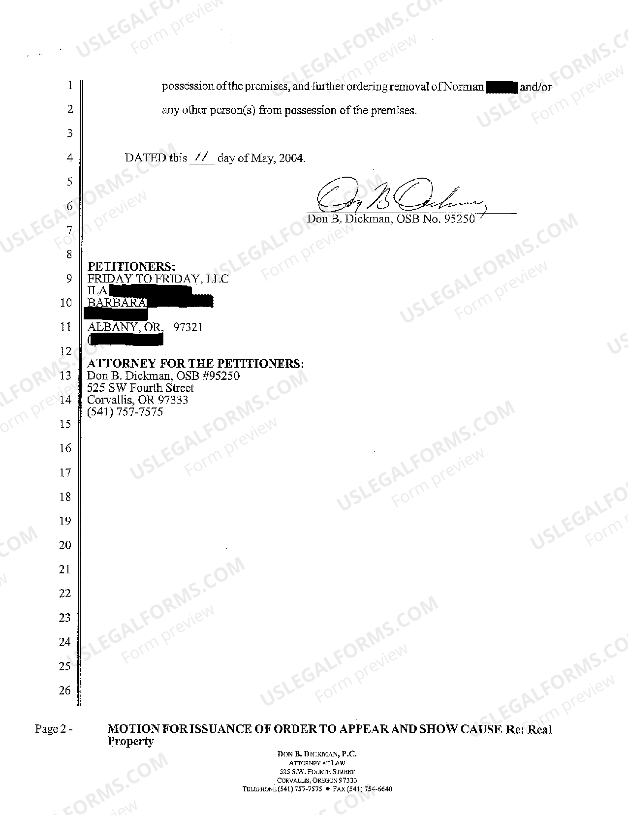 Eugene Oregon Motion for Issuance of Order to Appear and Show Cause Re