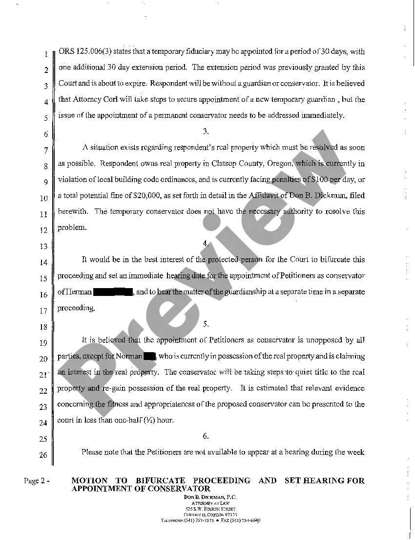 Preview A07 Motion to Bifurcate Proceeding and Set Hearing for Appointment of Conservator - Bifurcation