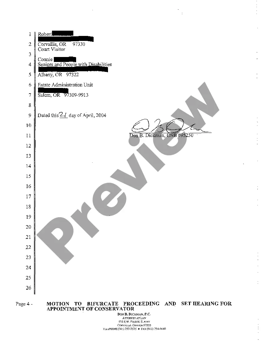 Preview A07 Motion to Bifurcate Proceeding and Set Hearing for Appointment of Conservator - Bifurcation