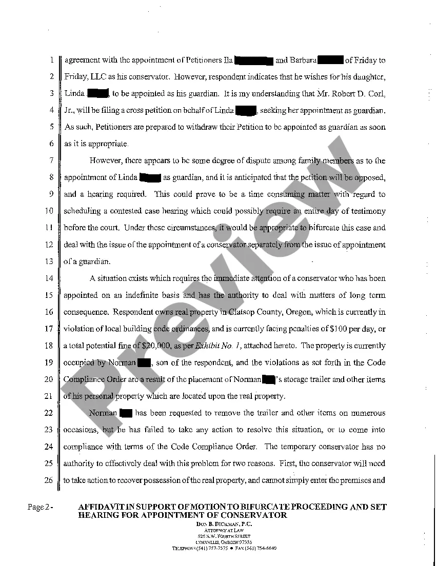 Get A08 Affidavit in Support of Motion to Bifurcate Proceeding and Set Hearing for Appointment of Conservator - Bifurcation Preview A08 Affidavit in Support of Motion to Bifurcate Proceeding and Set Hearing for Appointment of Conservator - Bifurcation