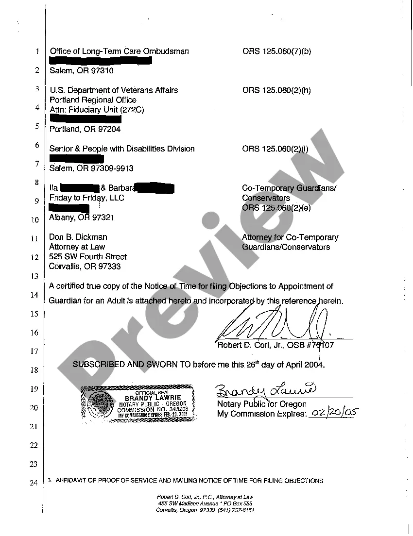 Preview A09 Affidavit of Proof of Service and Mailing Notice of Time for Filing Objections