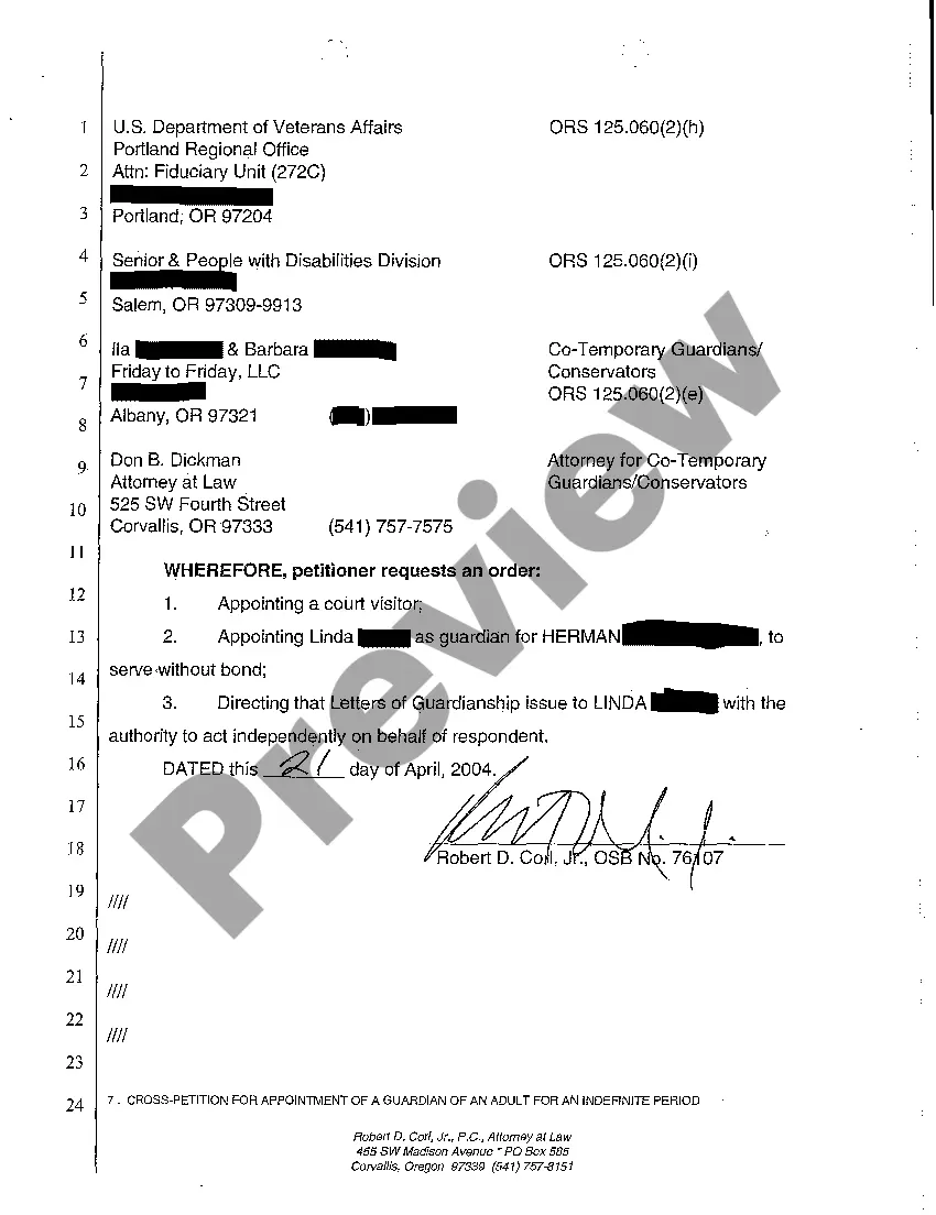 Preview A10 Cross-Petition for Appointment of a Guardian of An Adult for an Indefinite Period