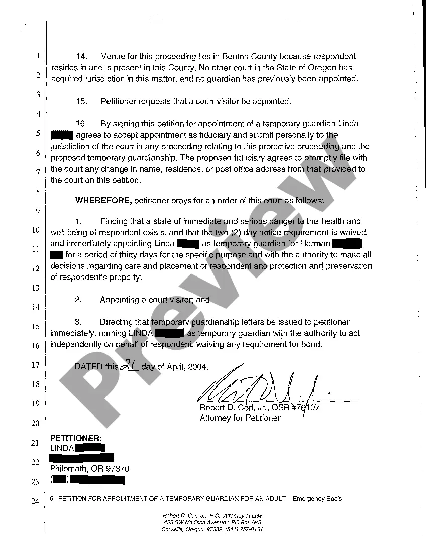 Preview A11 Petition for Appointment of a Temporary Guardian for an Adult