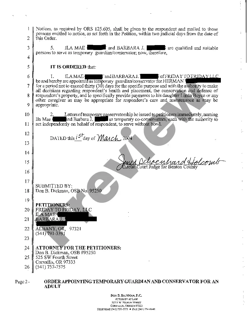 Preview A32 Order Appointing Temporary Guardian and Conservator for an Adult