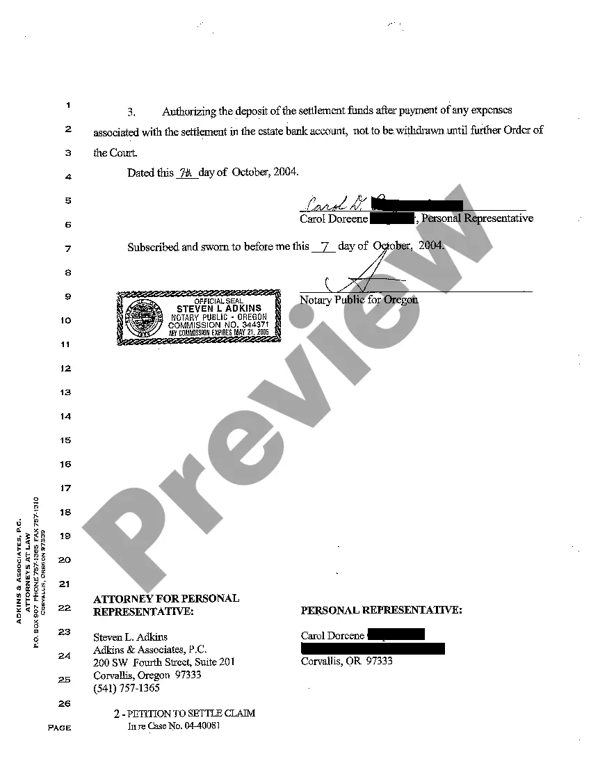 Preview A06 Petition of Personal Representative for Approval and Authority to Settle a Personal Injury Claim