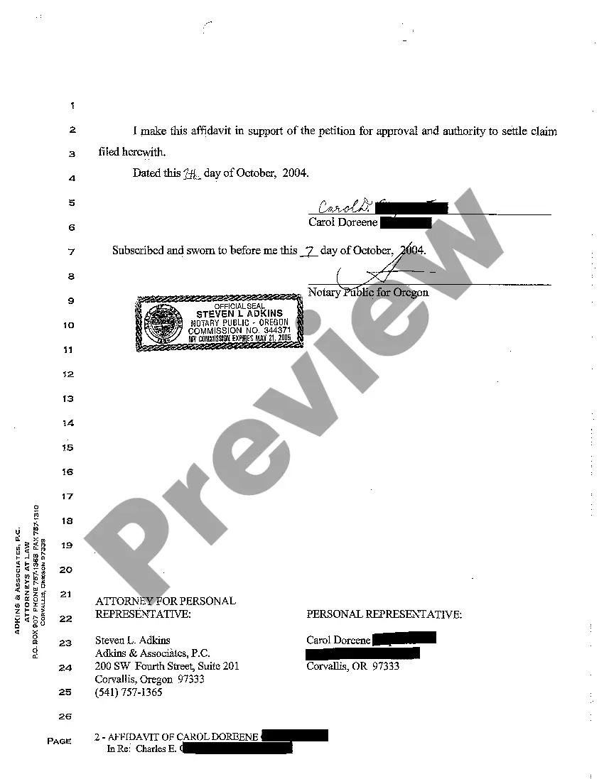 Preview A07 Affidavit of Carol Doreene Carpenter In Support of Motion to Settle Claim