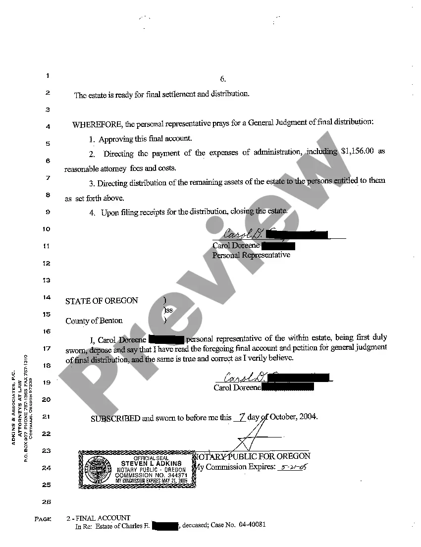 Preview A10 Final Account Short Form and Petition for General Judgment of Final Distribution