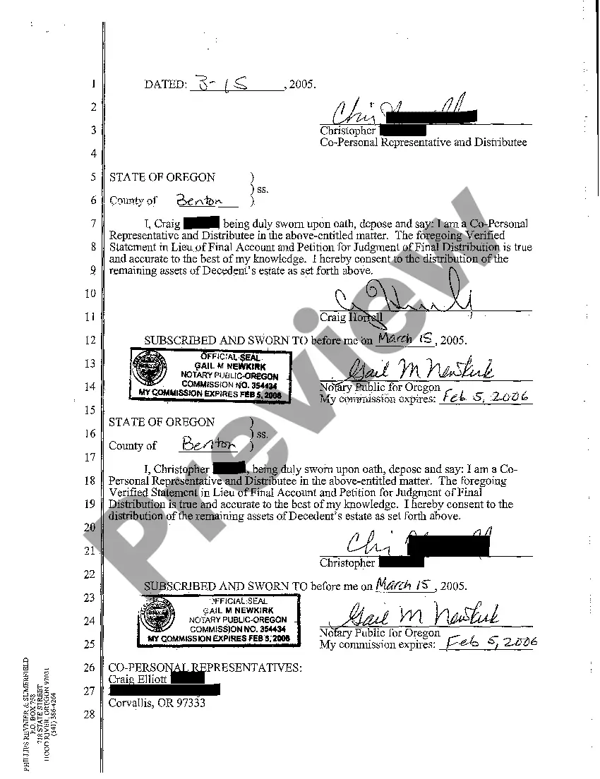 Preview A06 Verified Statement in Lieu of Final Account and Petition for Judgment of Final Distribution