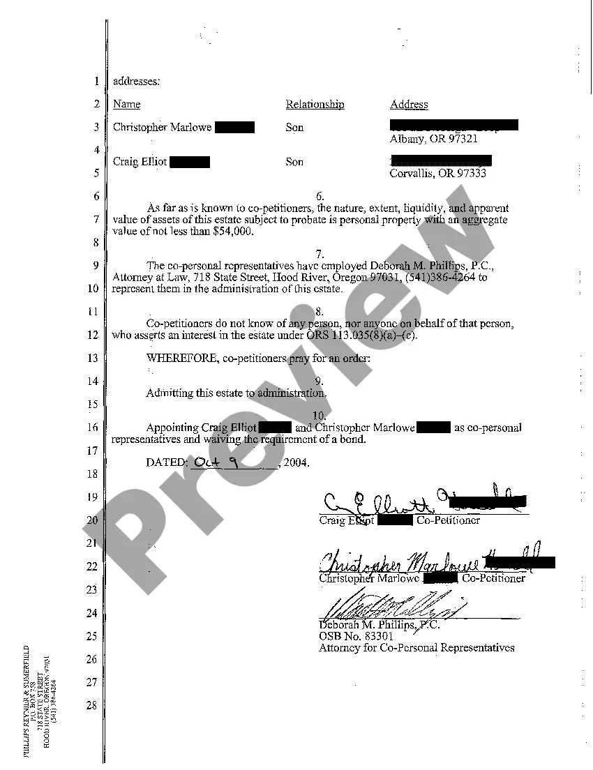 Preview A14 Petition for Administration of Intestate Estate and Appointment of Co-Personal Representatives