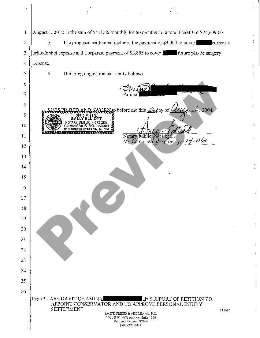 Preview A02 Affidavit In Support of Petition to Appoint Conservator and to Approve Personal Injury Settlement