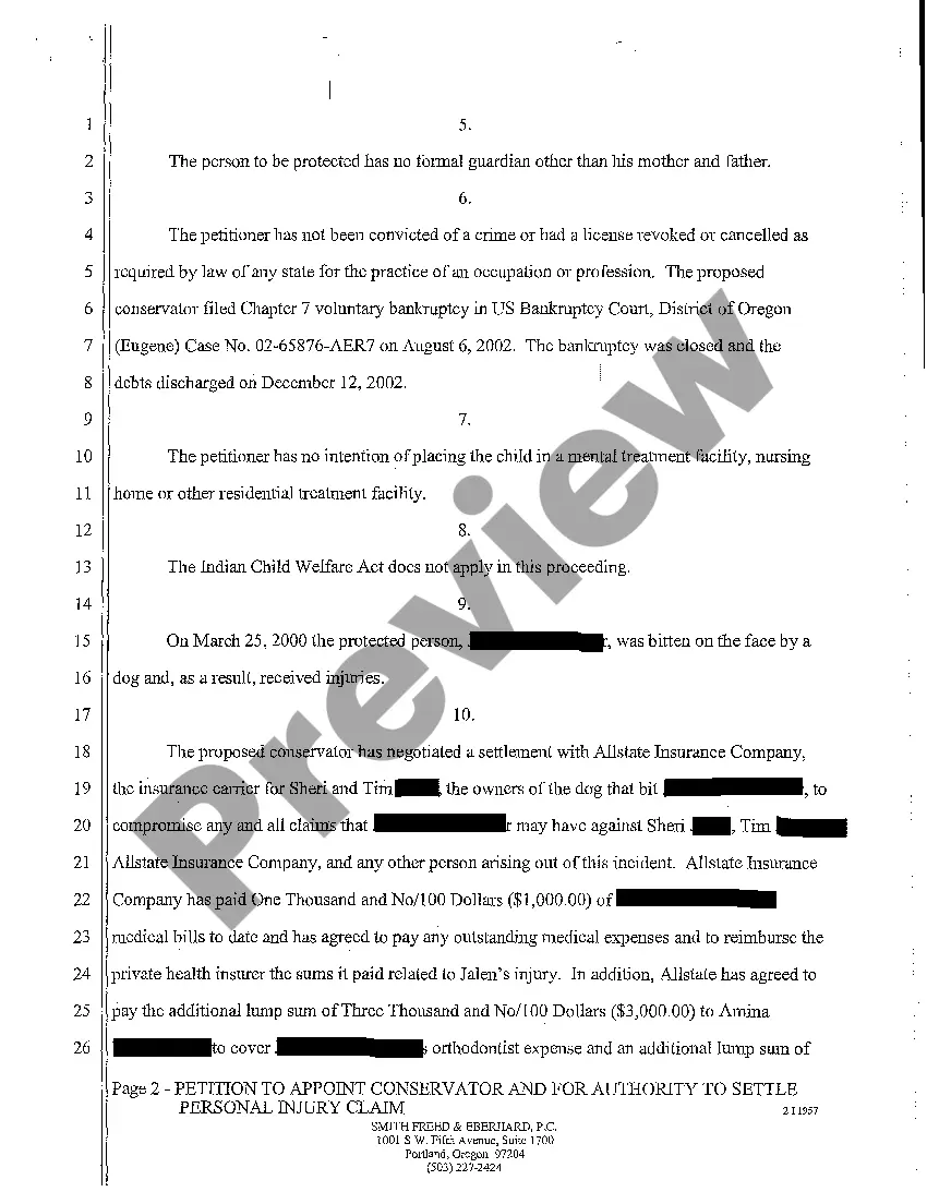 Preview A03 Petition to Appoint Conservator and for Authority to Settle Personal Injury Claim