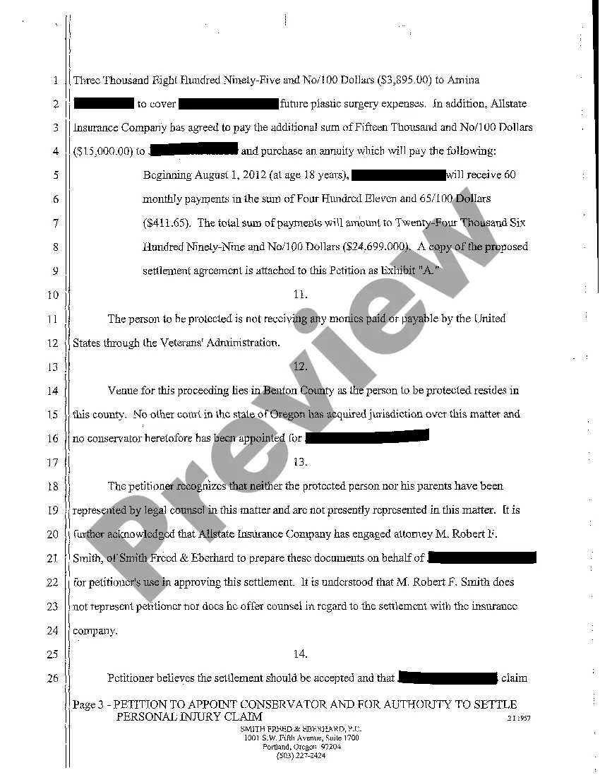 Preview A03 Petition to Appoint Conservator and for Authority to Settle Personal Injury Claim