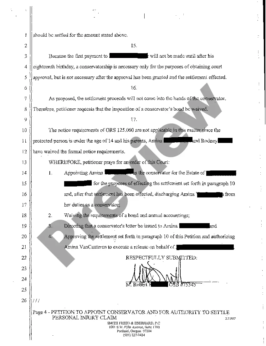 Preview A03 Petition to Appoint Conservator and for Authority to Settle Personal Injury Claim