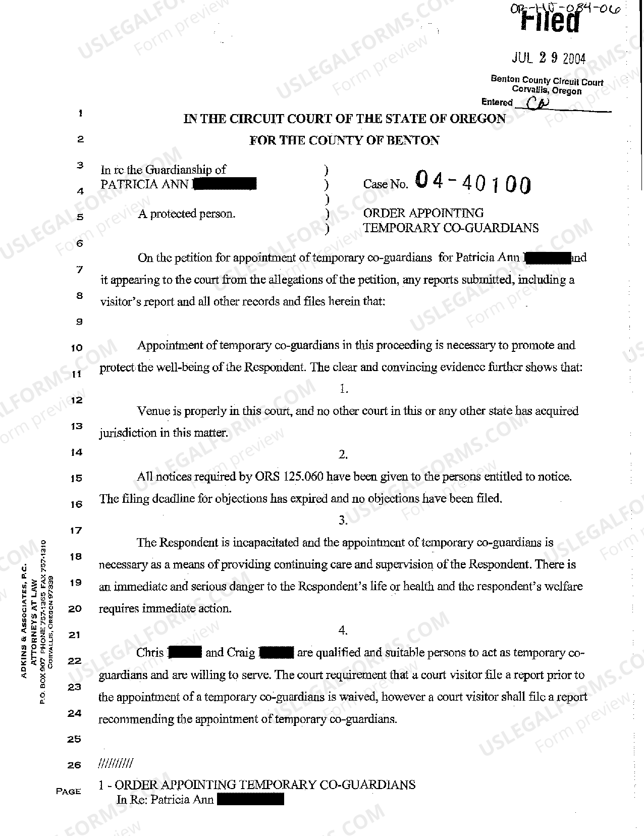 Oregon Order Appointing Temporary Co-Guardianship | US Legal Forms