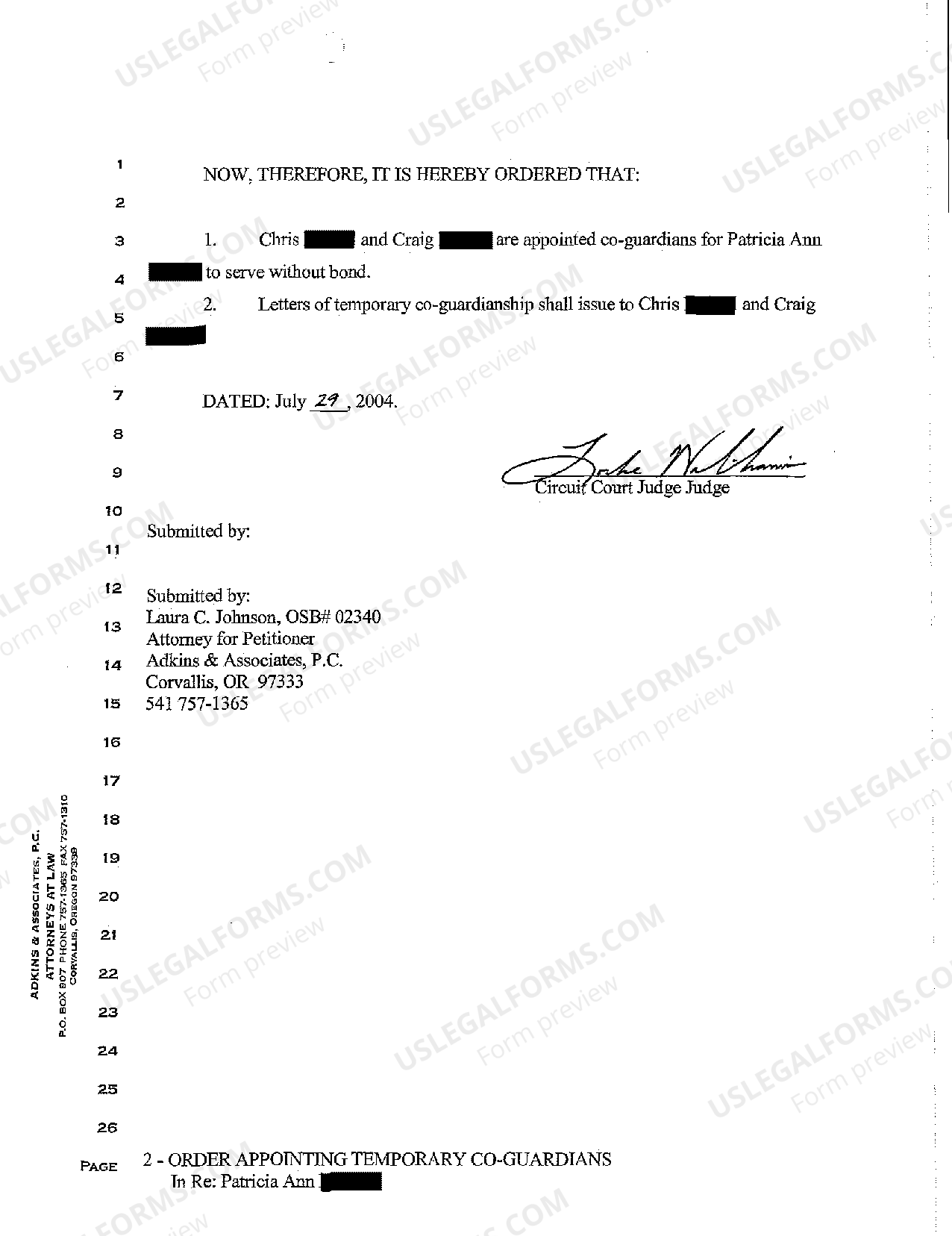 Oregon Order Appointing Temporary Co-Guardianship | US Legal Forms