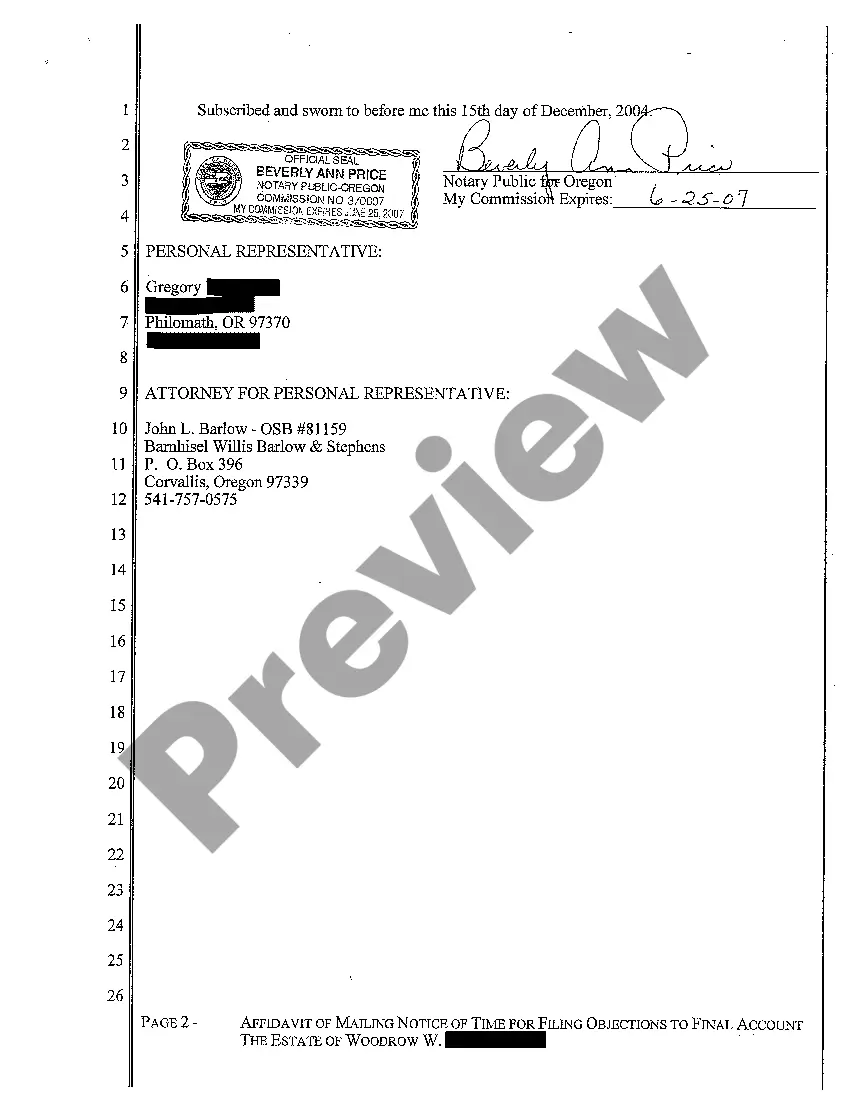 Preview A16 Affidavit of Mailing Notice of Time for Filing Objections to Final Account