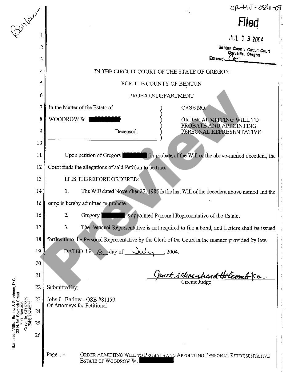 Oregon Order Admitting Will To Probate And Appointing Personal Representative Us Legal Forms 1354