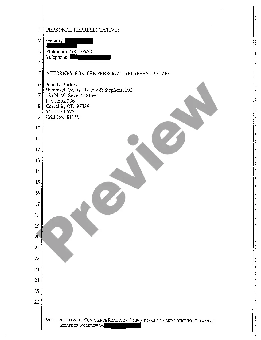 Preview A11 Affidavit of Compliance Respecting Search for Claims and Notice to Claimants