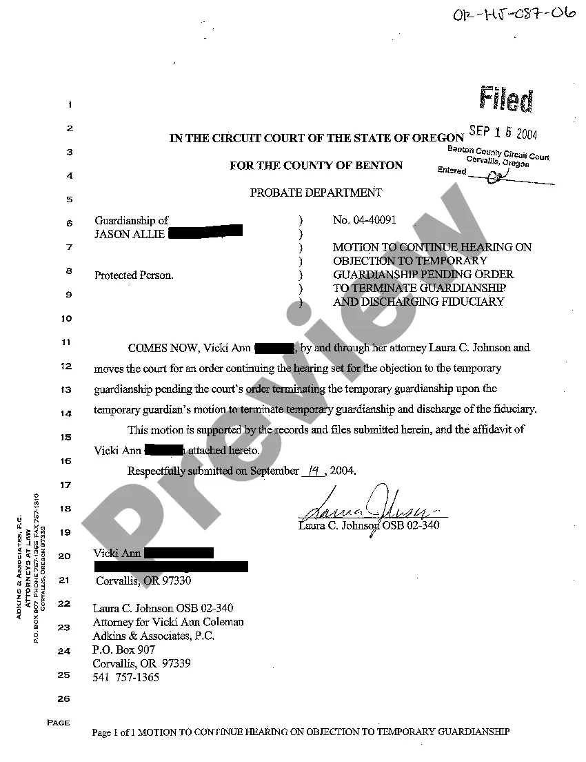 Preview A17 Motion to Continue Hearing on Objection to Temporary Guardianship Pending Order to Terminate Guardianship and Discharging Fiduciary