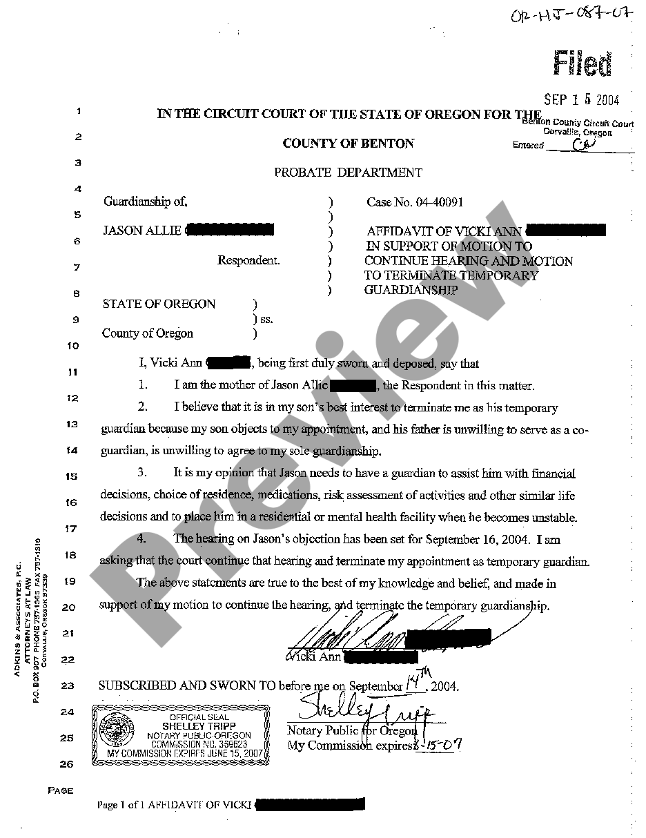 Oregon Affidavit in Support of Motion to Continue Hearing and Motion to ...