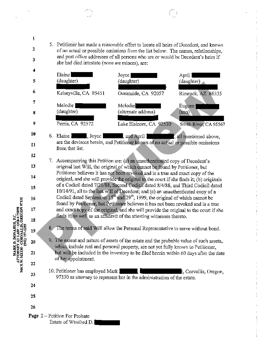 Preview A01 Petition for Probate of Will and Appointment of Personal Representative