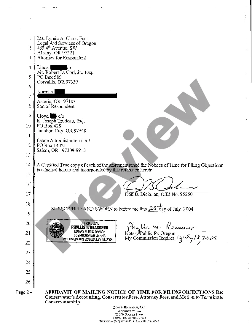 Preview A08 Affidavit of Mailing Notice of Time for Filing Objections
