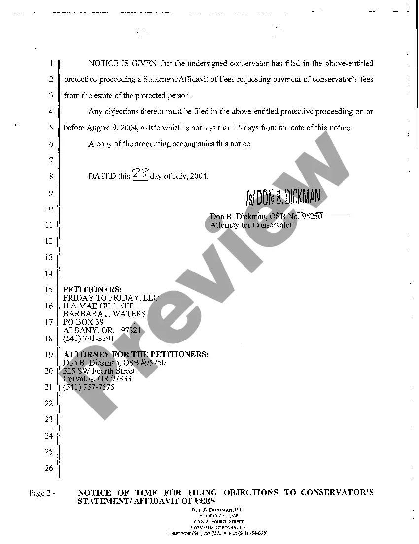 Get A10 Notice of Time for Filing Objections to Conservator's Statement Affidavit of Fees Preview A10 Notice of Time for Filing Objections to Conservator's Statement Affidavit of Fees