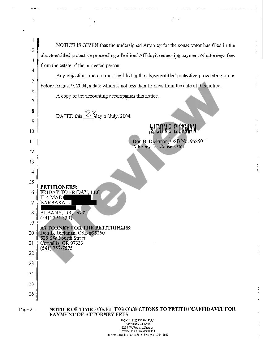 Preview A11 Notice of Time for Filing Objections to Petition Affidavit for Payment of Attorney Fees