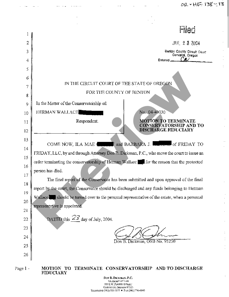 Oregon Motion to Terminate Conservatorship and to Discharge Fiduciary ...