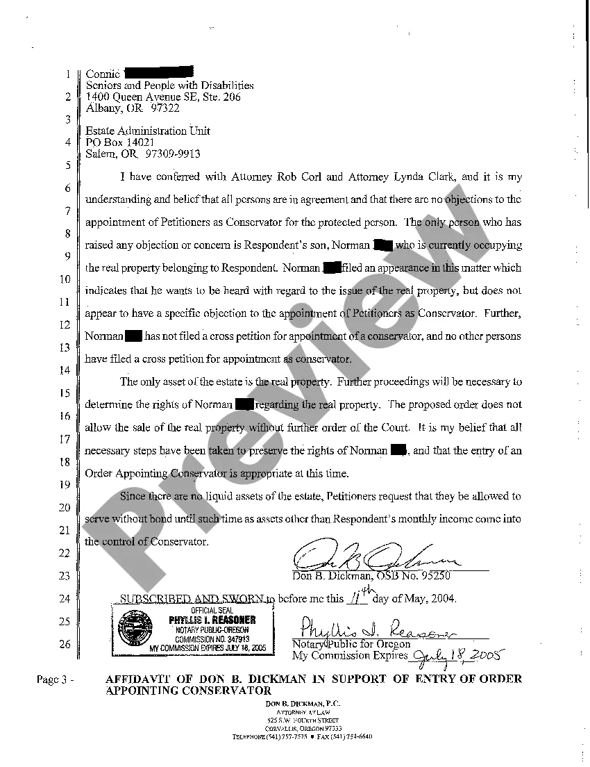 Preview A20 Affidavit in Support of Entry of Order Appointing Conservator