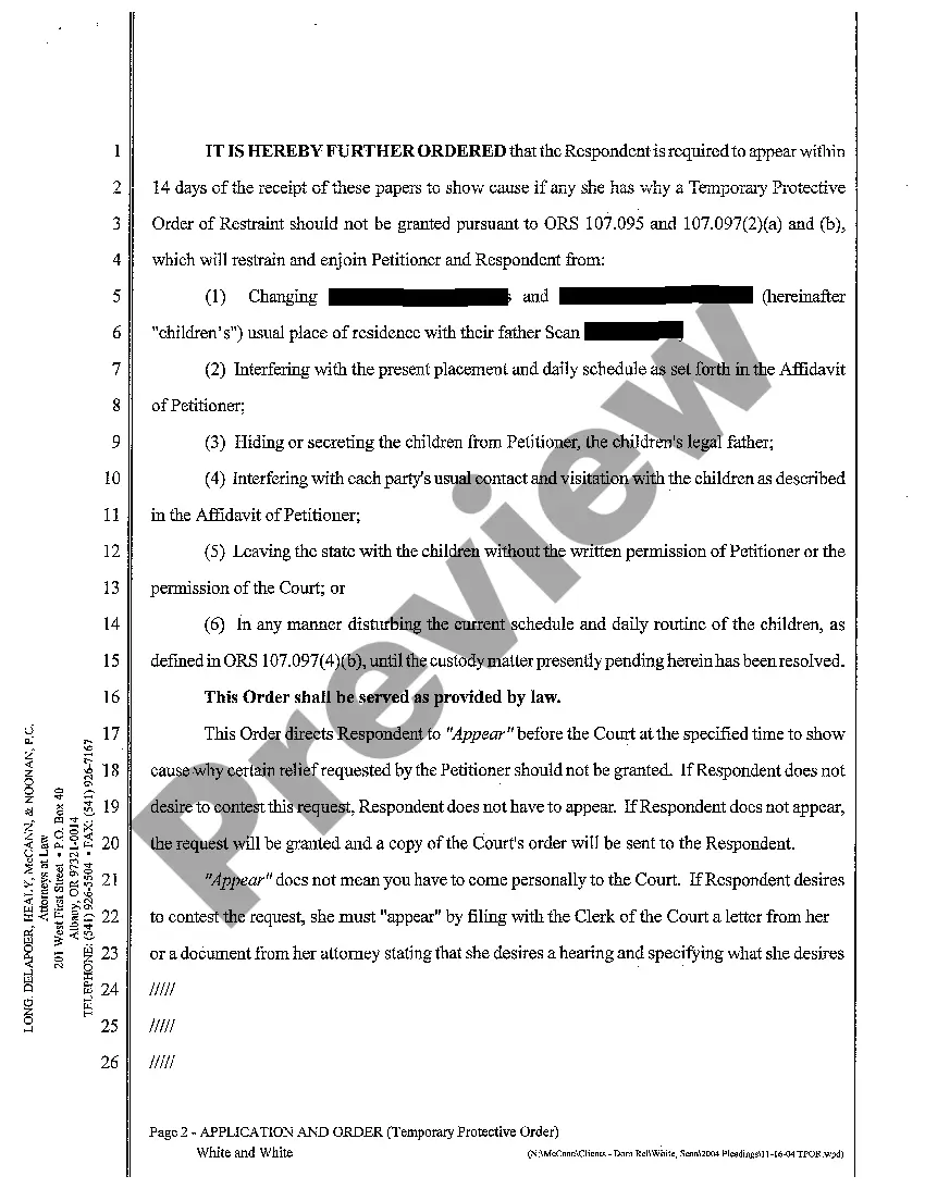 Preview A01 Application and Order for Temporary Protective Order of Restraint and Order to Show Cause