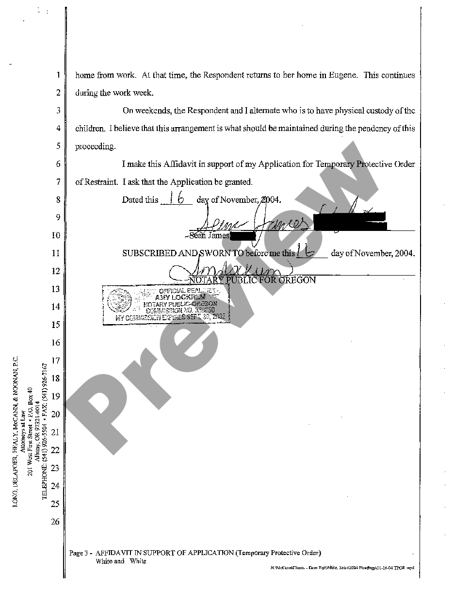 Oregon Affidavit In Support Of Application And Order For Temporary Protective Order Of Restraint 5424