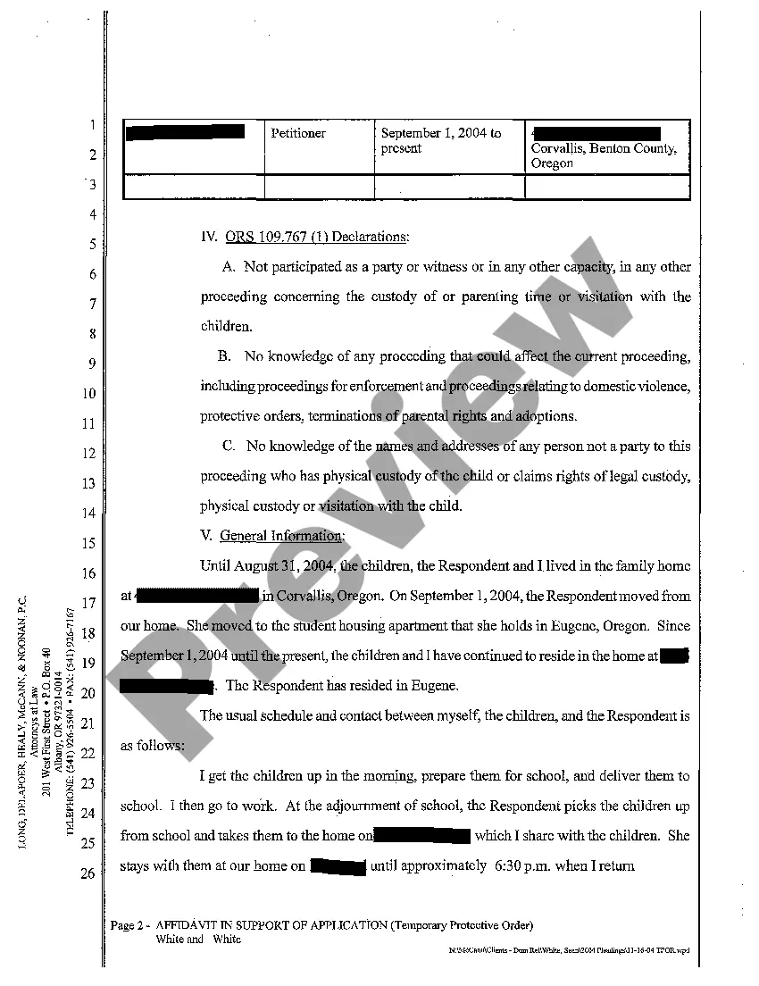 Preview A03 Affidavit in Support of Application and Order for Temporary Protective Order of Restraint and Order to Show Cause