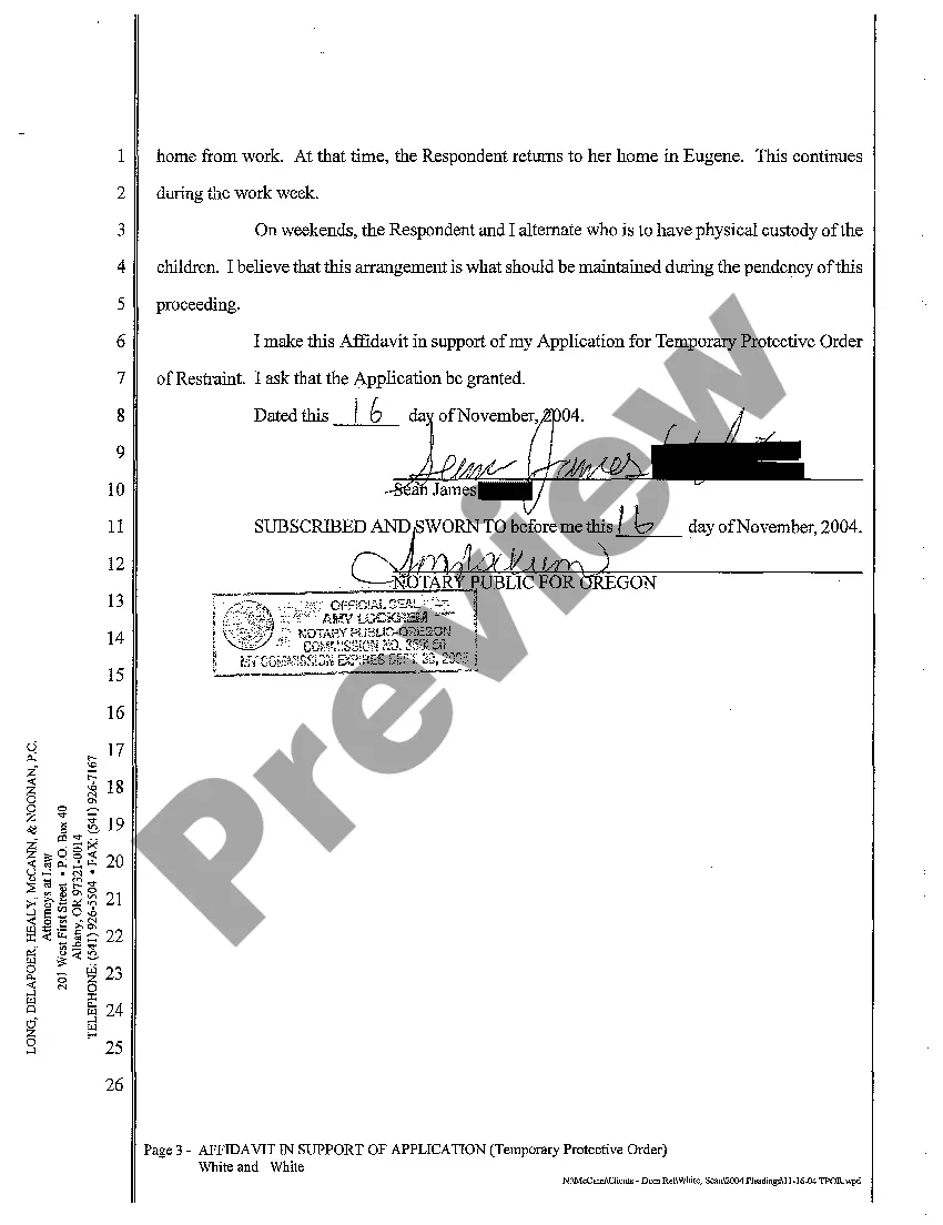 Preview A03 Affidavit in Support of Application and Order for Temporary Protective Order of Restraint and Order to Show Cause