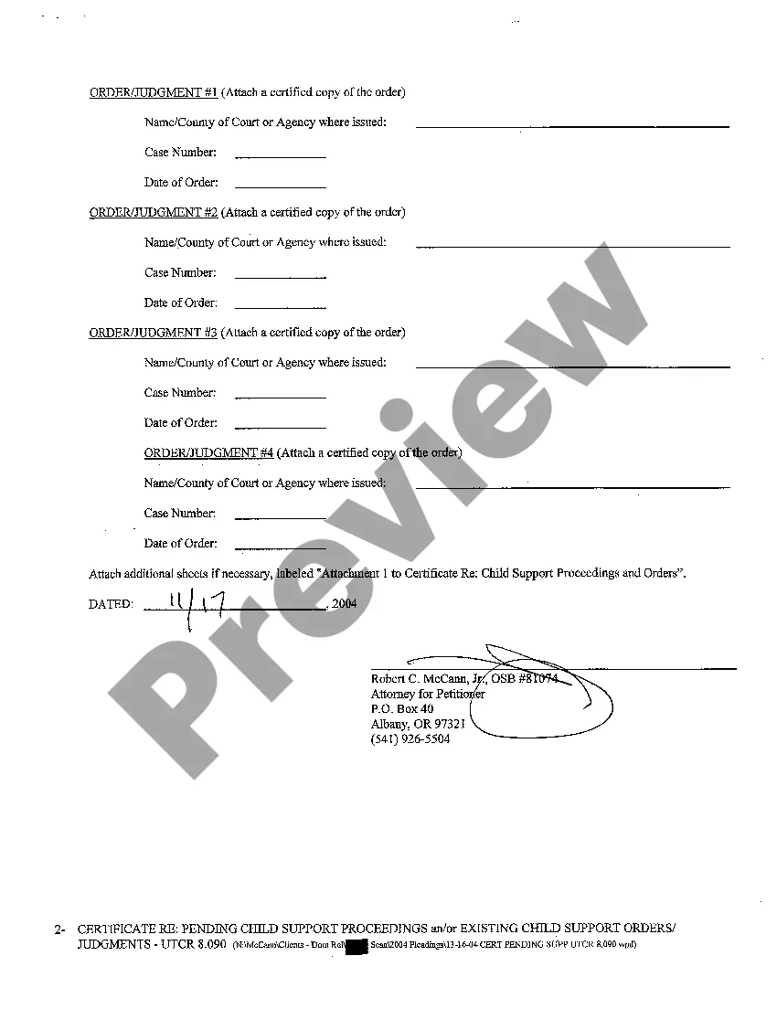 Get A05 Certificate regarding Pending Child Support Proceeding and or Existing Child Support Order Judgments Preview A05 Certificate regarding Pending Child Support Proceeding and or Existing Child Support Order Judgments
