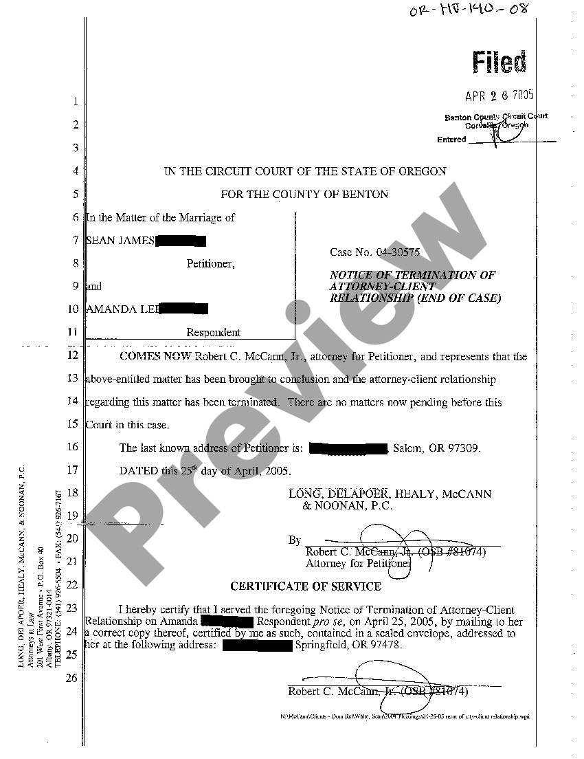 Oregon Notice of Termination of AttorneyClient Relationship US Legal