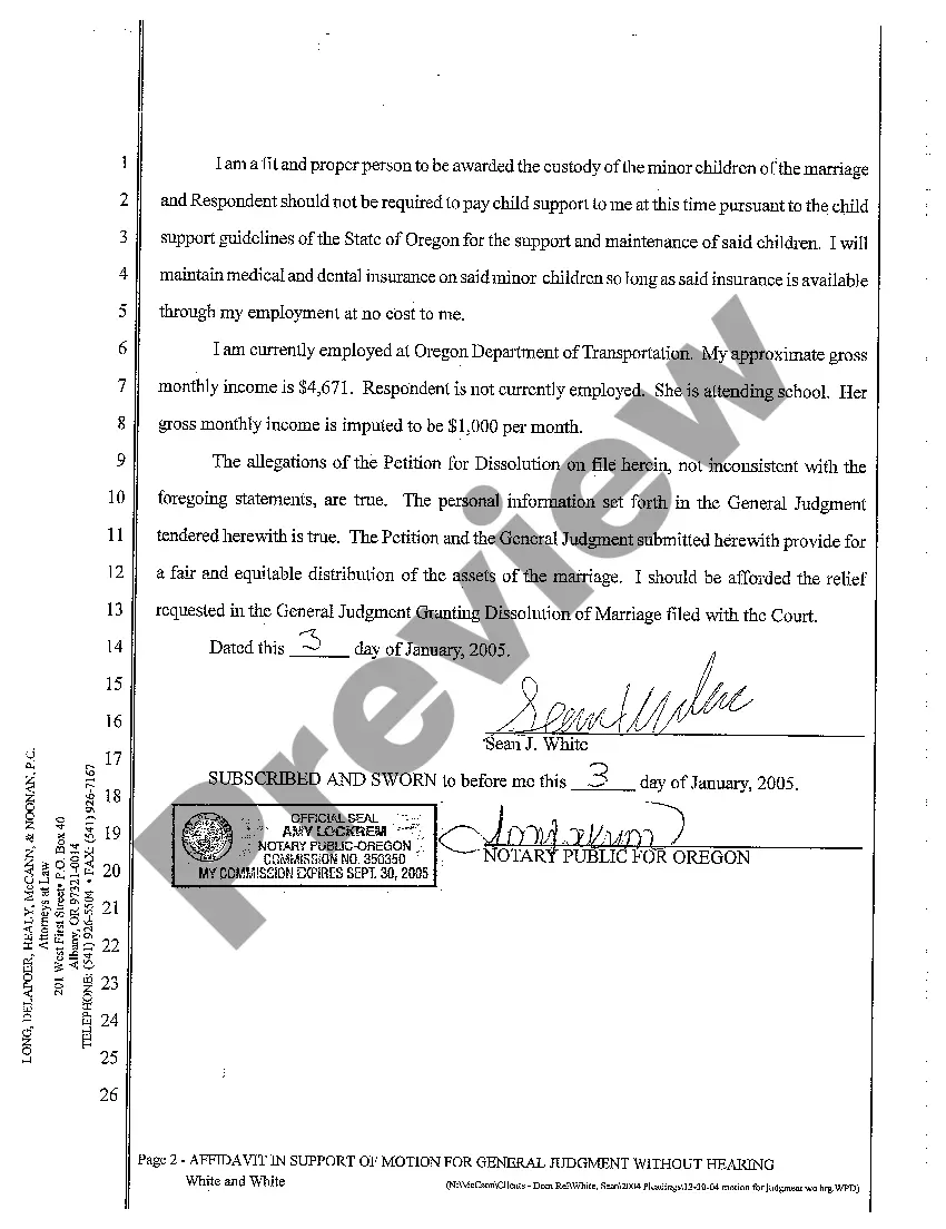 Preview A12 Affidavit in Support of Motion for General Judgment Granting Dissolution of Marriage Without Hearing