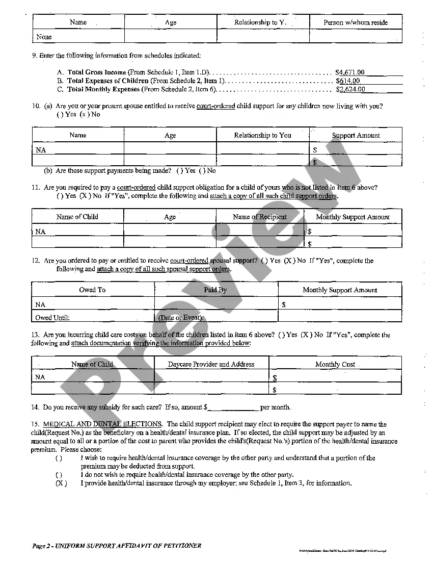 Preview A18 Uniform Support Affidavit of Petitioner - Child Spousal Support