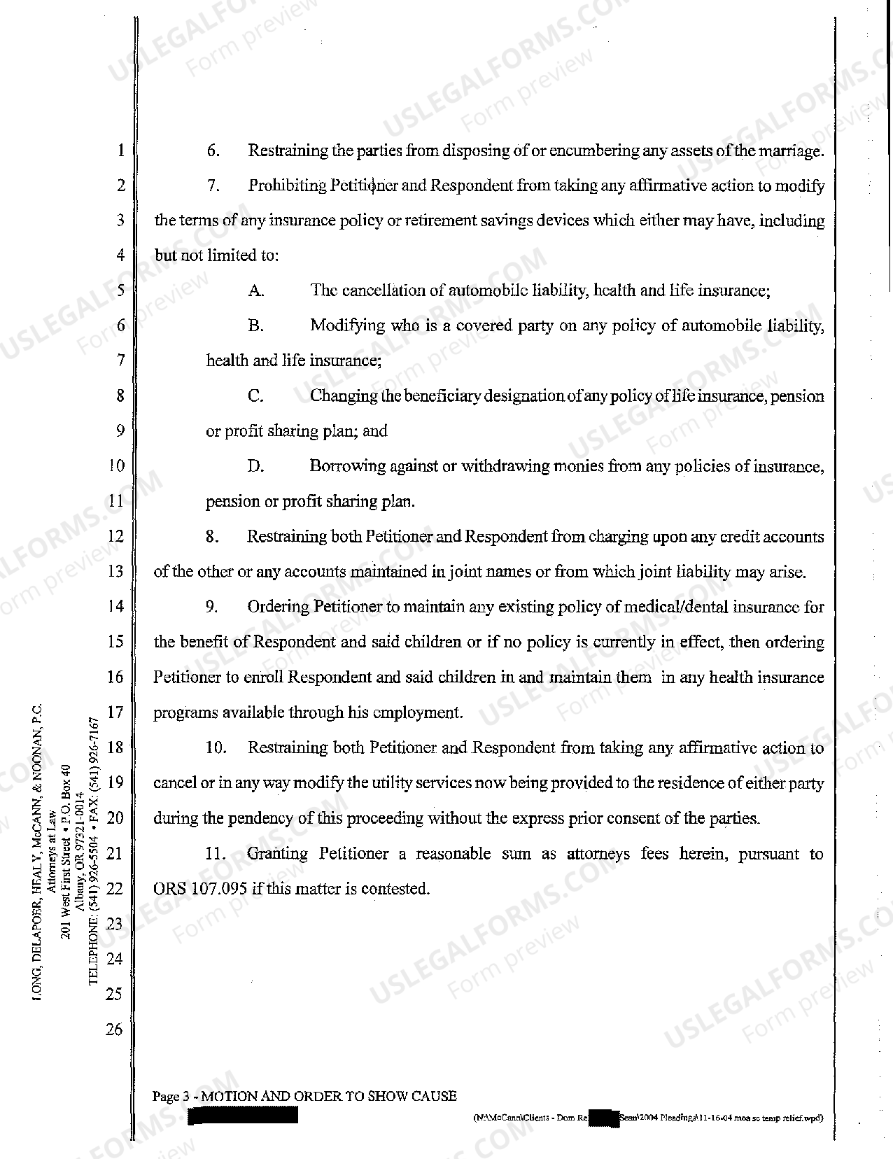 Eugene Oregon Motion and Order to Show Cause Filed Ex Parte Seeking Temporary Relief of Marital
