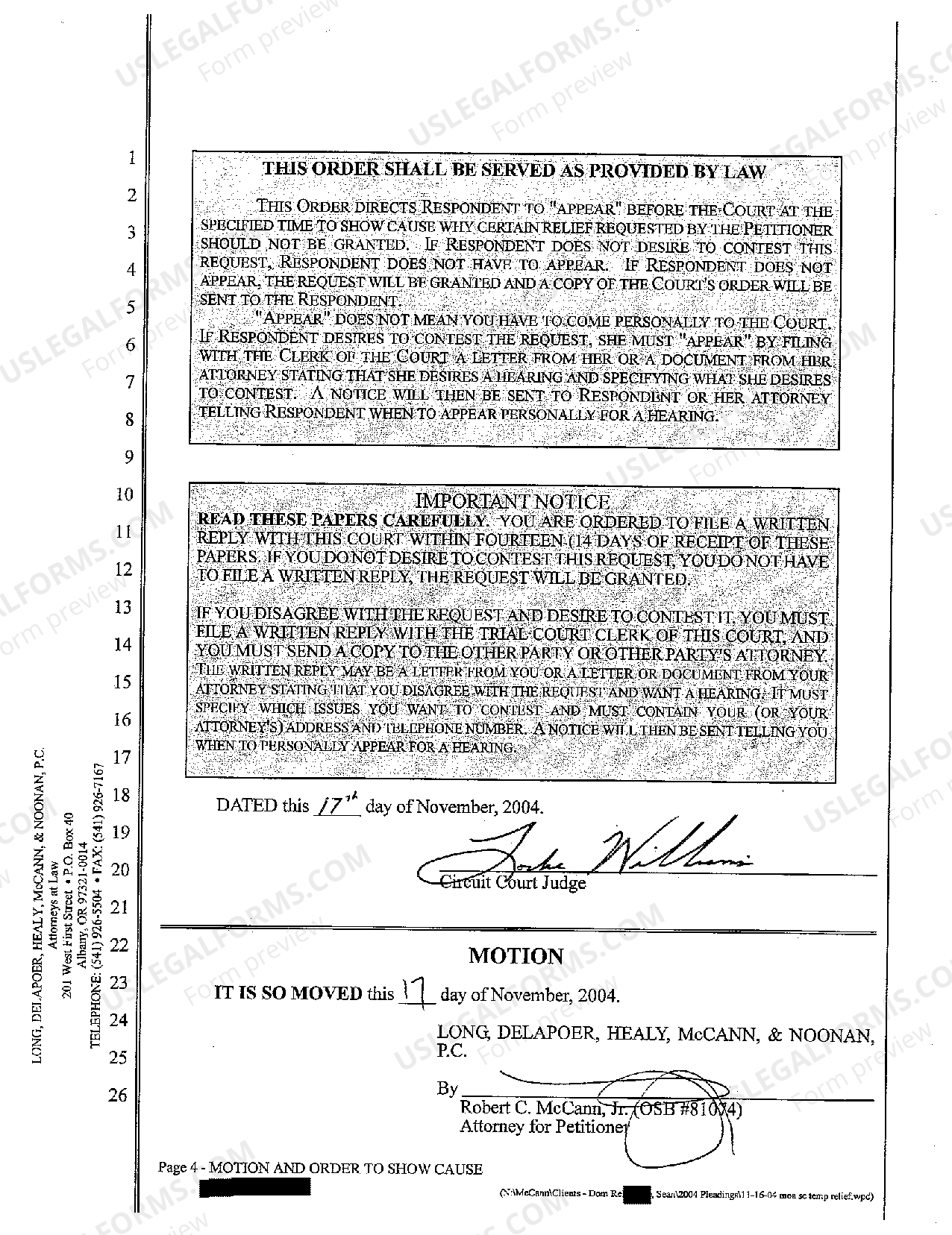 Eugene Oregon Motion and Order to Show Cause Filed Ex Parte Seeking Temporary Relief of Marital