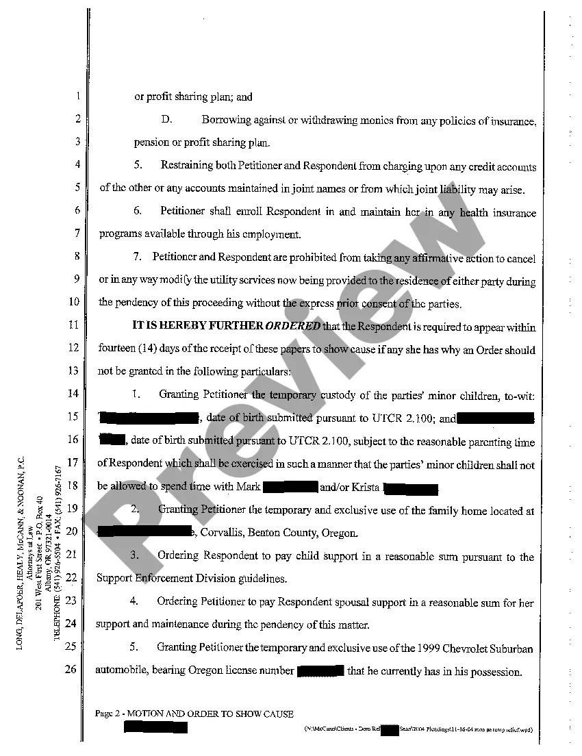 Preview A19 Motion and Order to Show Cause Filed Ex Parte Seeking Temporary Relief of Marital Property