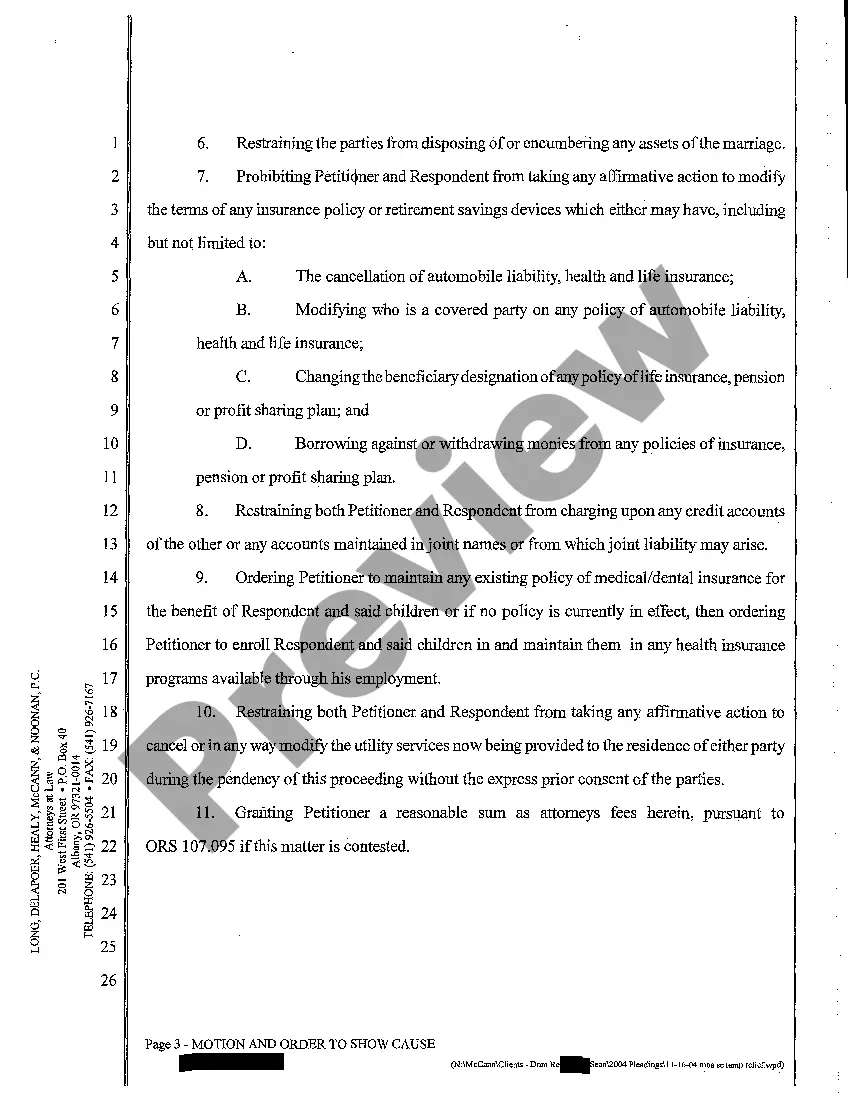 Preview A19 Motion and Order to Show Cause Filed Ex Parte Seeking Temporary Relief of Marital Property