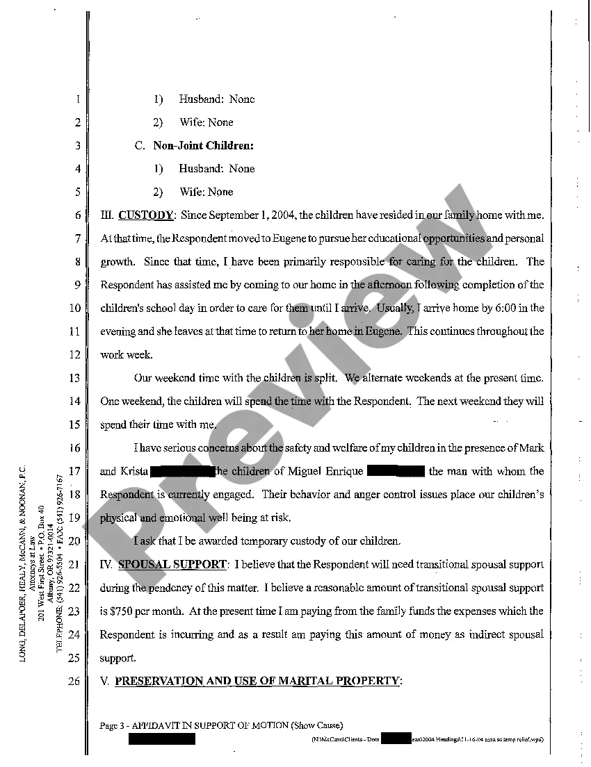 Get A08 Affidavit in Support Motion and Order to Show Cause Filed Ex Parte Seeking Temporary Relief From Marital Property Preview A08 Affidavit in Support Motion and Order to Show Cause Filed Ex Parte Seeking Temporary Relief From Marital Property