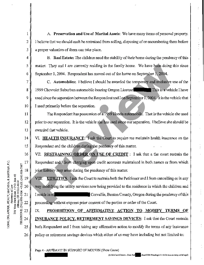 Get A08 Affidavit in Support Motion and Order to Show Cause Filed Ex Parte Seeking Temporary Relief From Marital Property Preview A08 Affidavit in Support Motion and Order to Show Cause Filed Ex Parte Seeking Temporary Relief From Marital Property